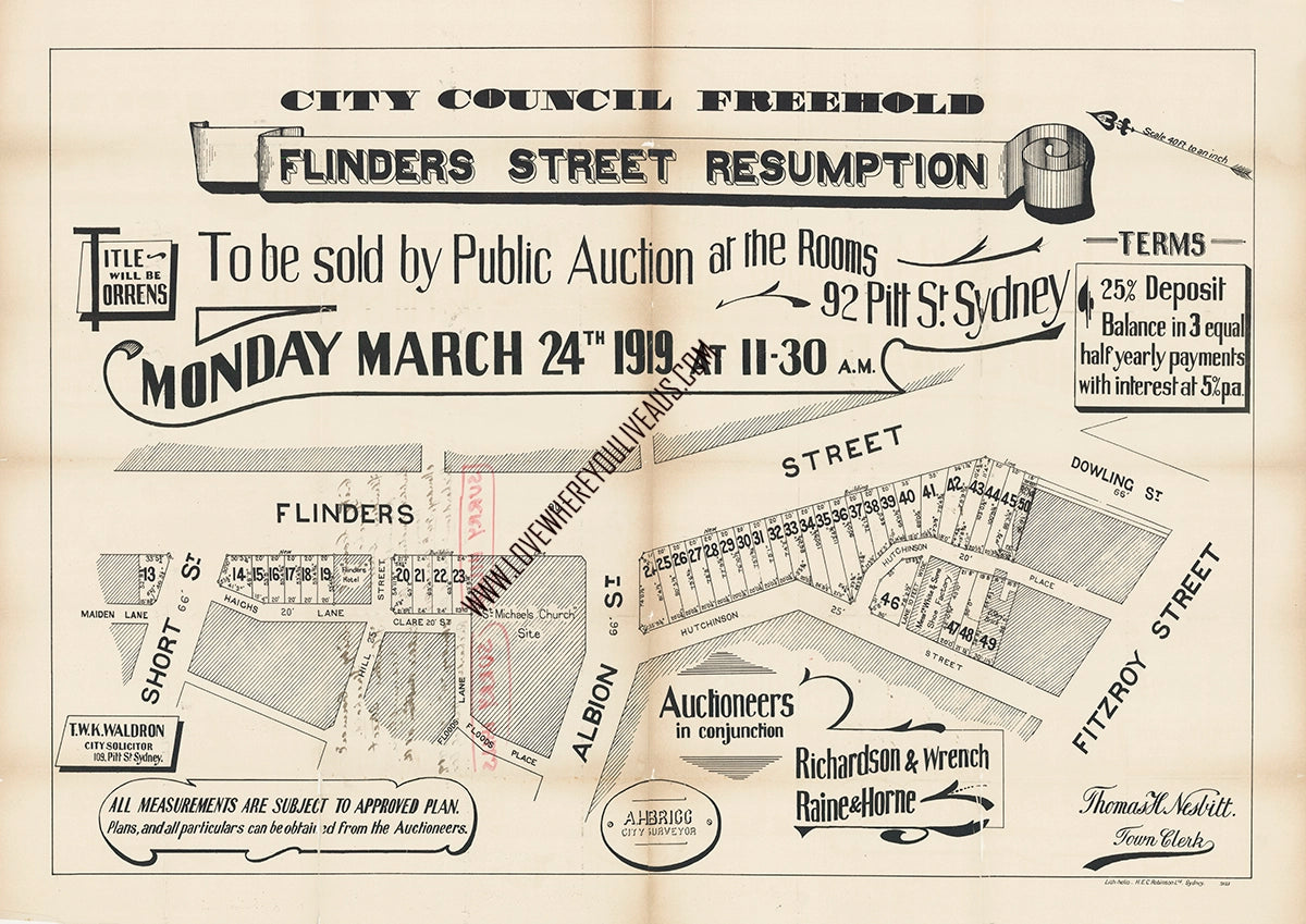 Original Vintage Real Estate Poster Flinders Street Resumption Surry Hills Sydney NSW