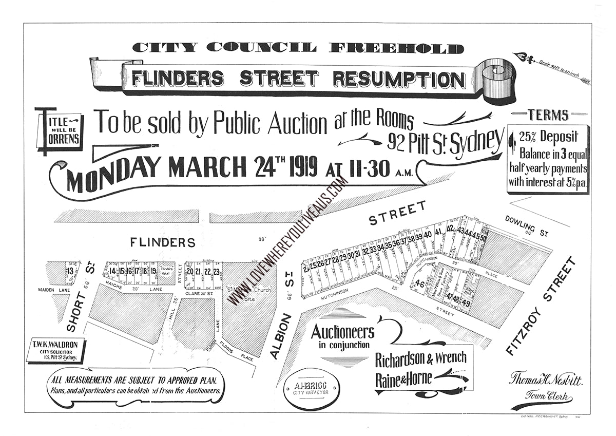 Original Vintage Real Estate Poster Flinders Street Resumption Surry Hills Sydney NSW
